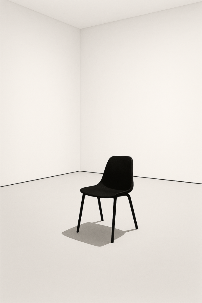 Chaise noire dans une pièce vide avec sol blanc et murs unis