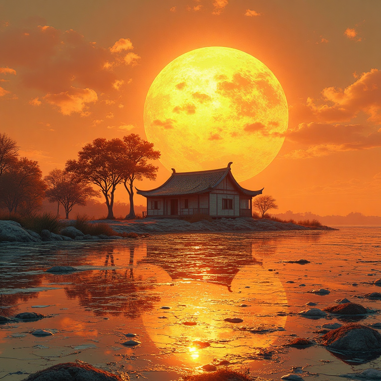 Maison traditionnelle asiatique devant un soleil immense au bord d’un lac orangé, ambiance spectaculaire.