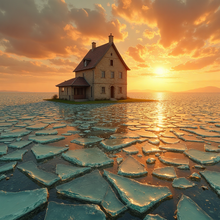 Maison traditionnelle sur une île entourée d’une immense plaine de verre brisé, scintillant sous la lumière dorée du soleil couchant.