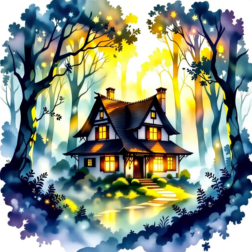 Maison traditionnelle éclairée dans une forêt magique aux arbres lumineux, ambiance féerique et paisible.