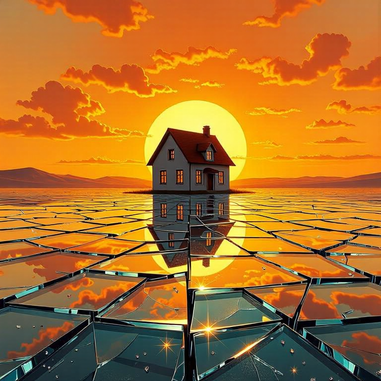 Illustration stylisée d’une maison sur une plaine de verre brisé réfléchissant un coucher de soleil parfait.