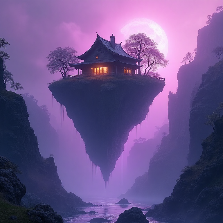 Maison asiatique lumineuse posée sur un îlot flottant au-dessus d’un canyon violet, avec une pleine lune en arrière-plan.