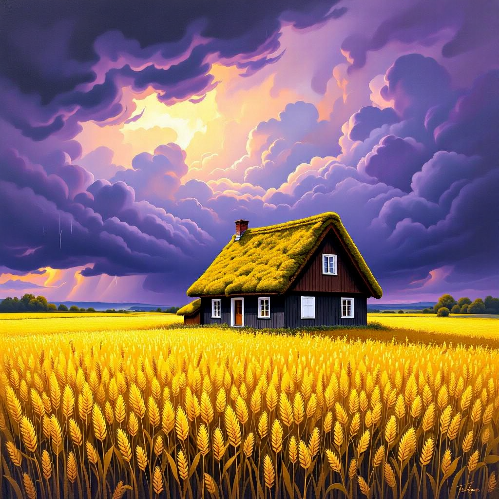 Maison traditionnelle au toit de mousse dorée au centre d’un champ de blé, sous un ciel orageux violet et doré.