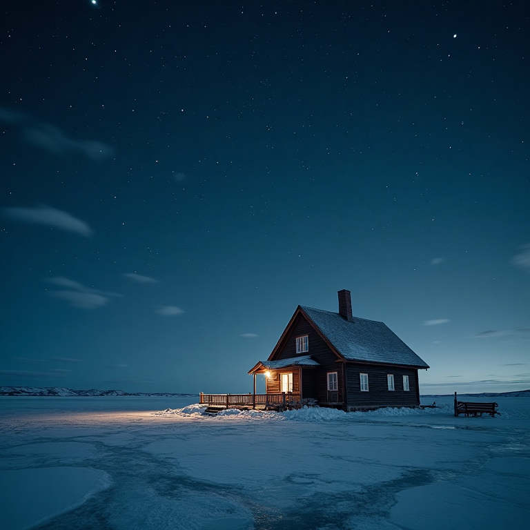Maison en bois éclairée au milieu d’un paysage glacé sous un ciel nocturne étoilé.