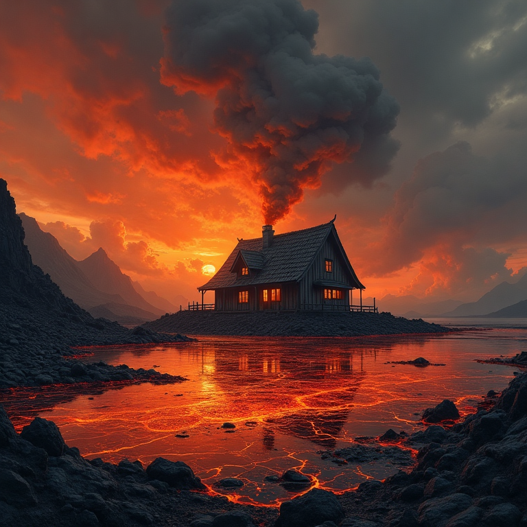 Maison traditionnelle isolée au centre d’un lac de lave bouillonnante, avec un ciel rouge flamboyant et une fumée noire s’élevant dans l’air.