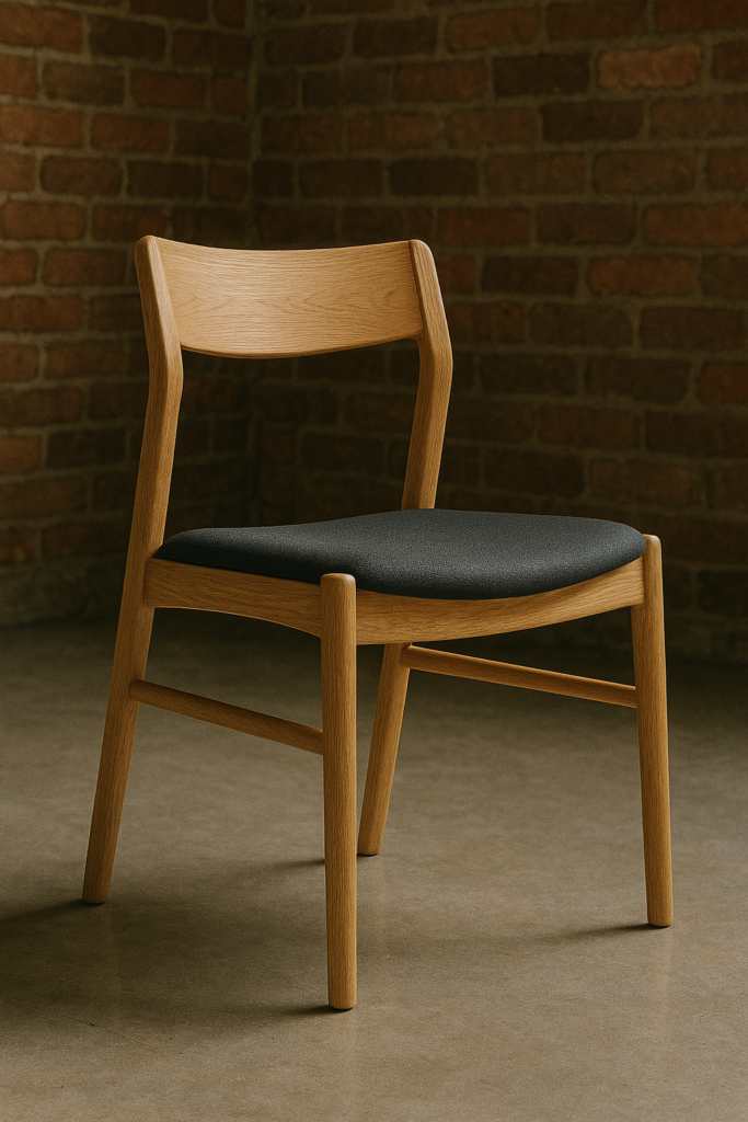 Chaise en bois clair avec siège noir, décor minimaliste avec mur en briques