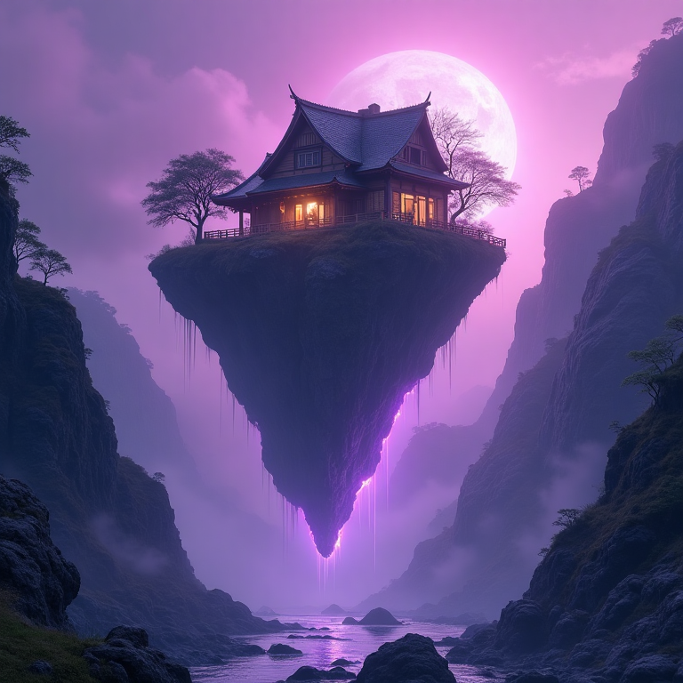 Maison asiatique éclairée, posée sur une île volante au-dessus d’un canyon violet, avec une pleine lune en arrière-plan.