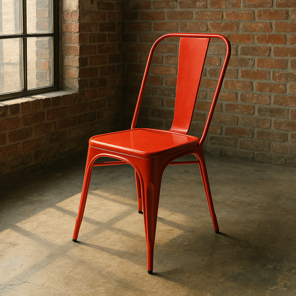 Chaise en métal rouge dans un loft industriel avec mur en briques et lumière naturelle