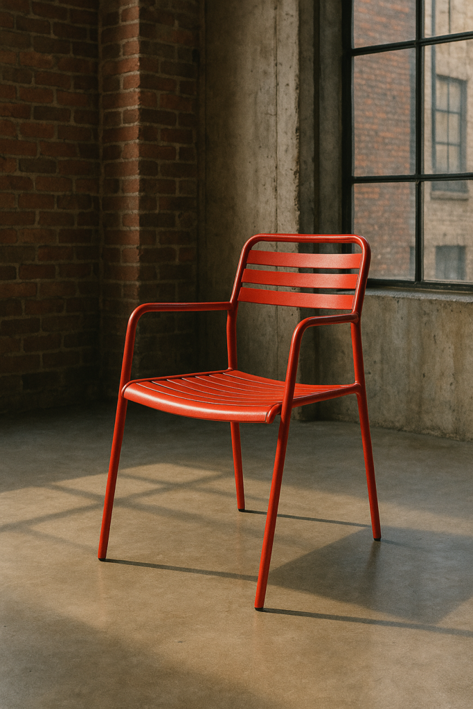 Chaise design rouge en métal dans un loft industriel avec mur en briques et lumière naturelle
