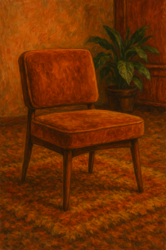 Chaise vintage en velours orange avec pieds en bois dans un salon rétro des années 70