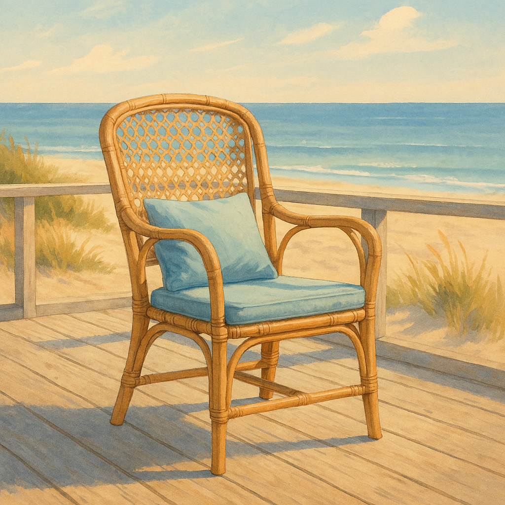 Chaise en rotin avec coussins bleus sur terrasse en bois face à la mer