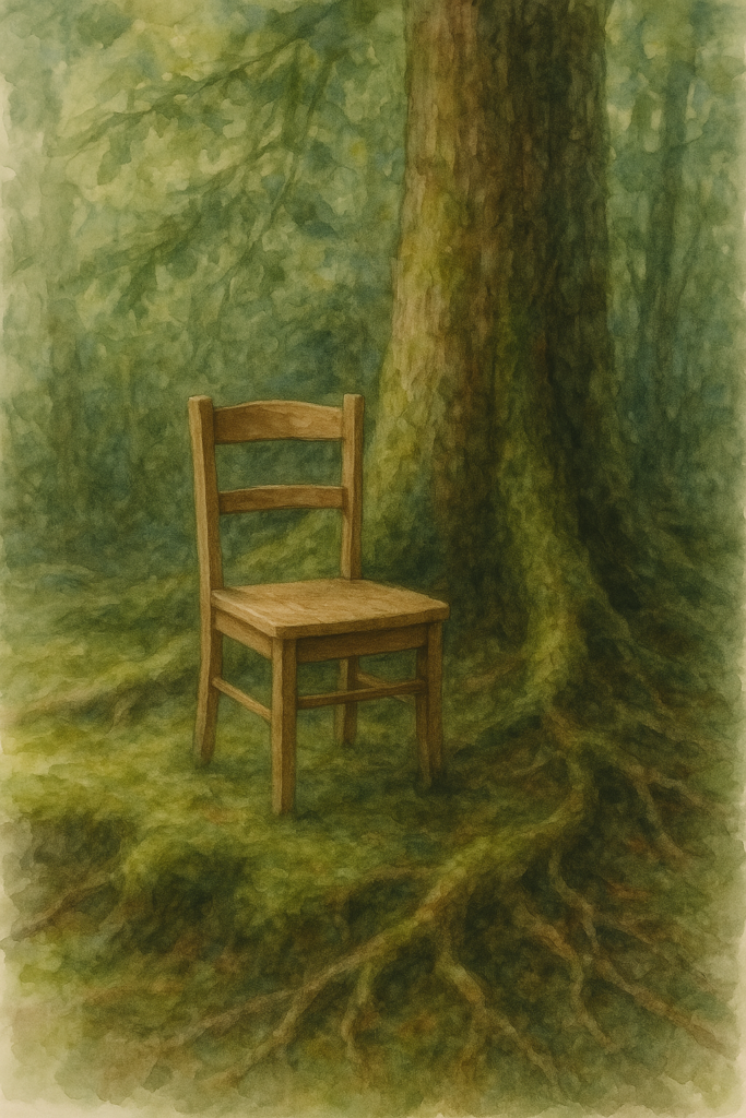 Chaise en bois simple posée dans une forêt dense avec racines visibles